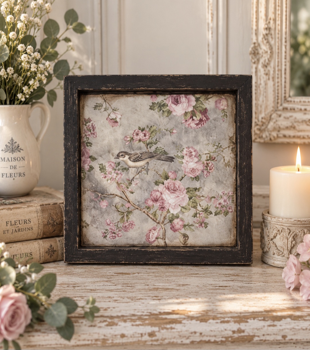 Handmade Bird & Rose Floral Wall Plaque