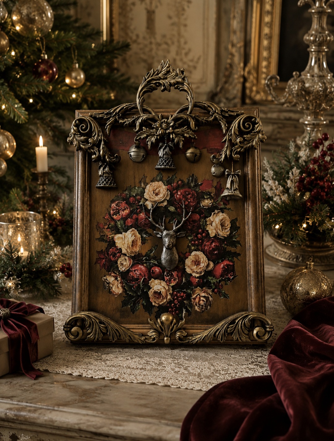 Deluxe Christmas Stag & Wreath Framed Picture 