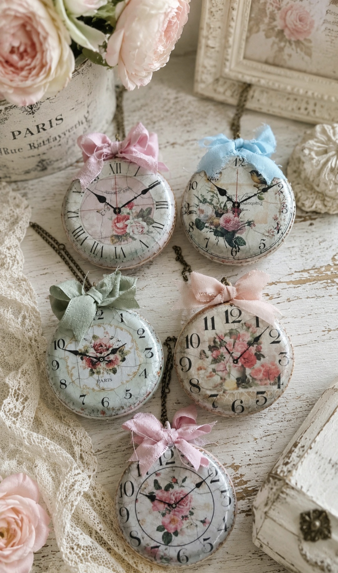 Set Of 5 Vintage Inspired Floral Faux Pocket Watch Decorations (photo 2 of 2)