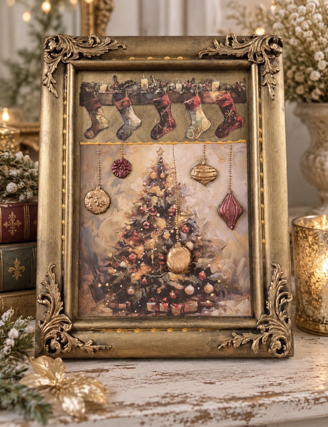 Vintage Style Stockings & Bauble Framed Art (photo 1 of 5)