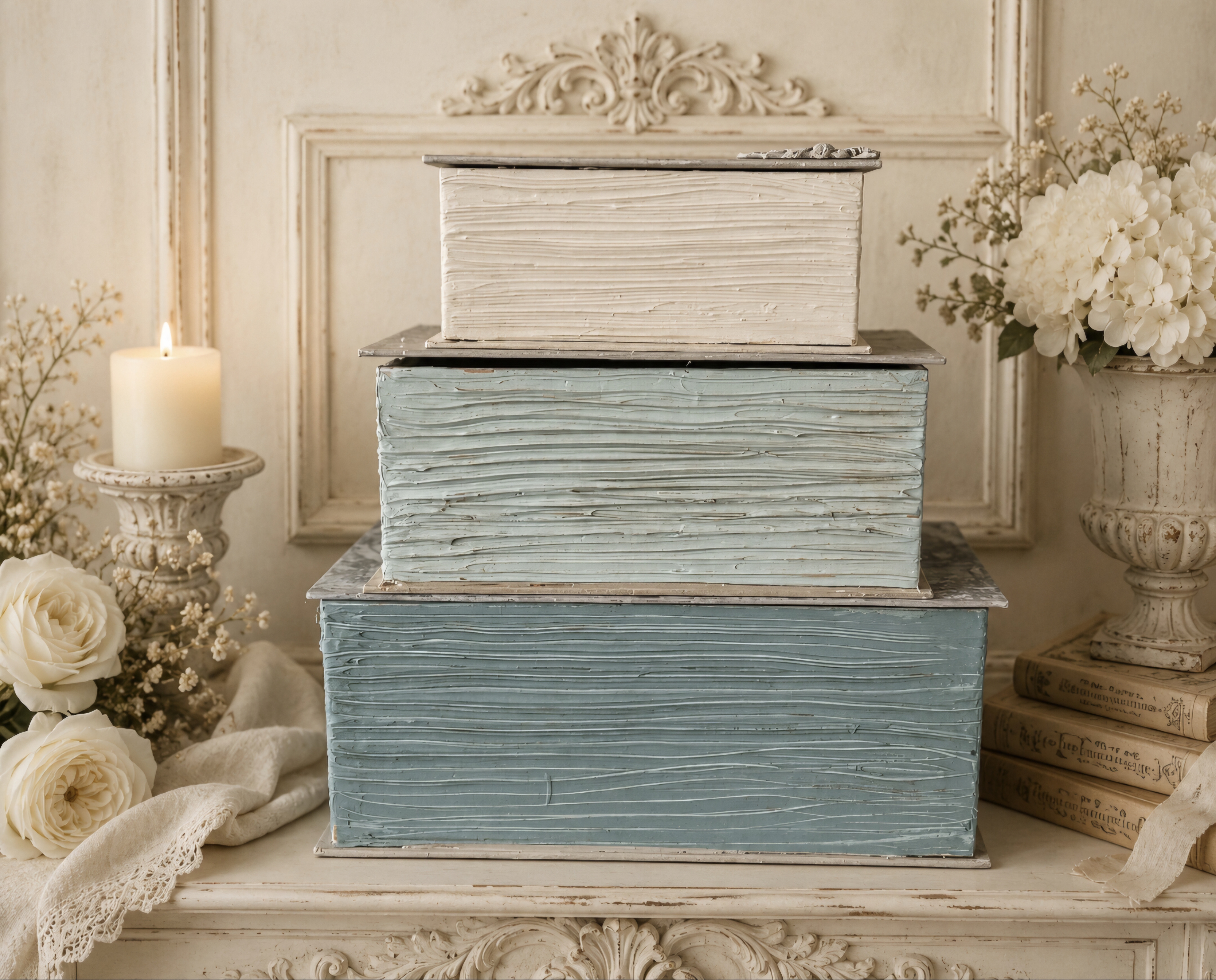 Trio Of Handcrafted French Toille Blue Book Boxes (photo 10 of 12)