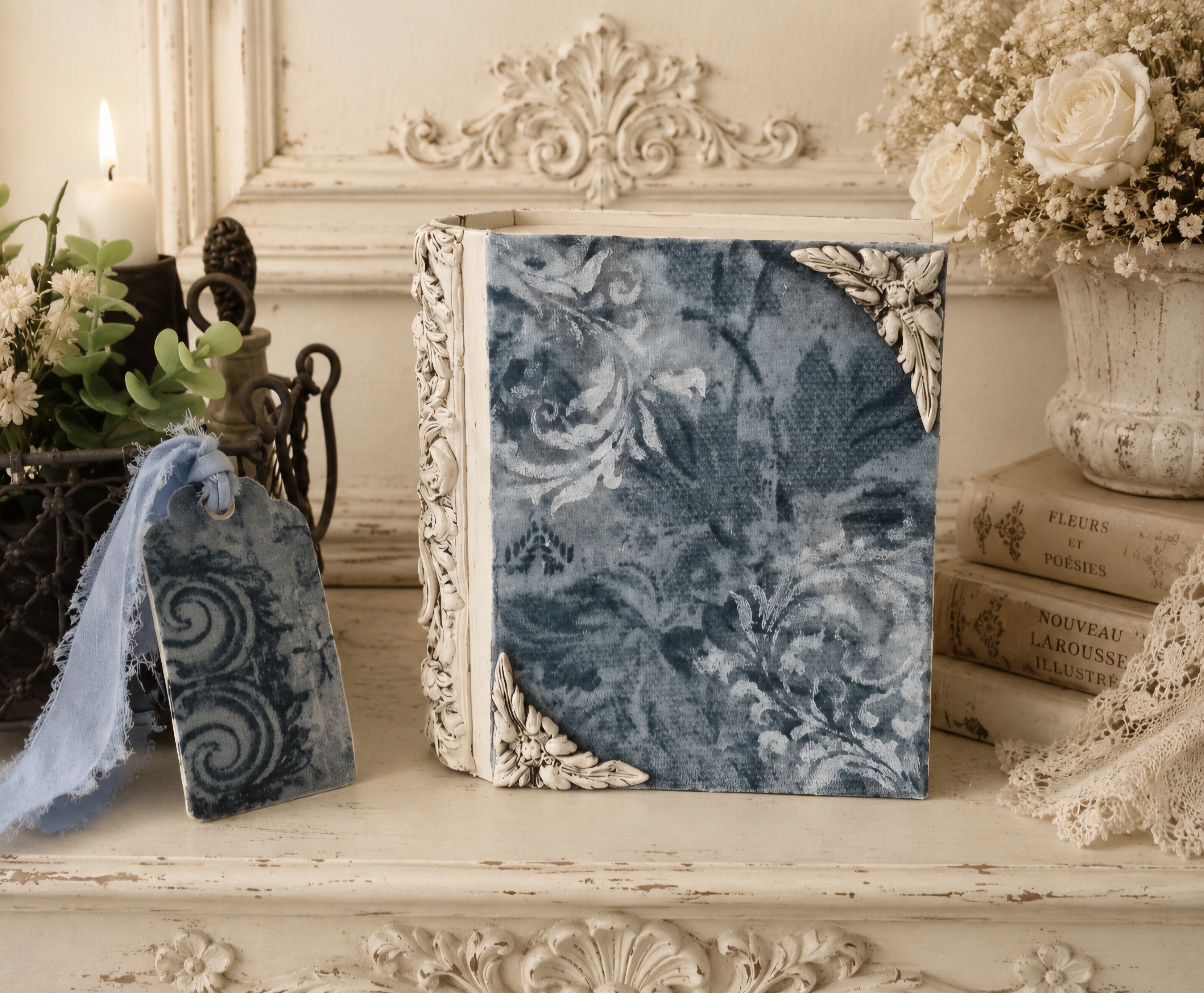 Trio Of Handcrafted French Toille Blue Book Boxes (photo 9 of 12)