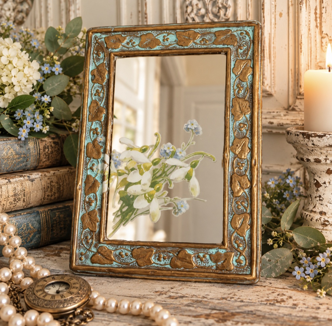 Vintage Ornate Brass & Oak Mirror  (photo 4 of 6)