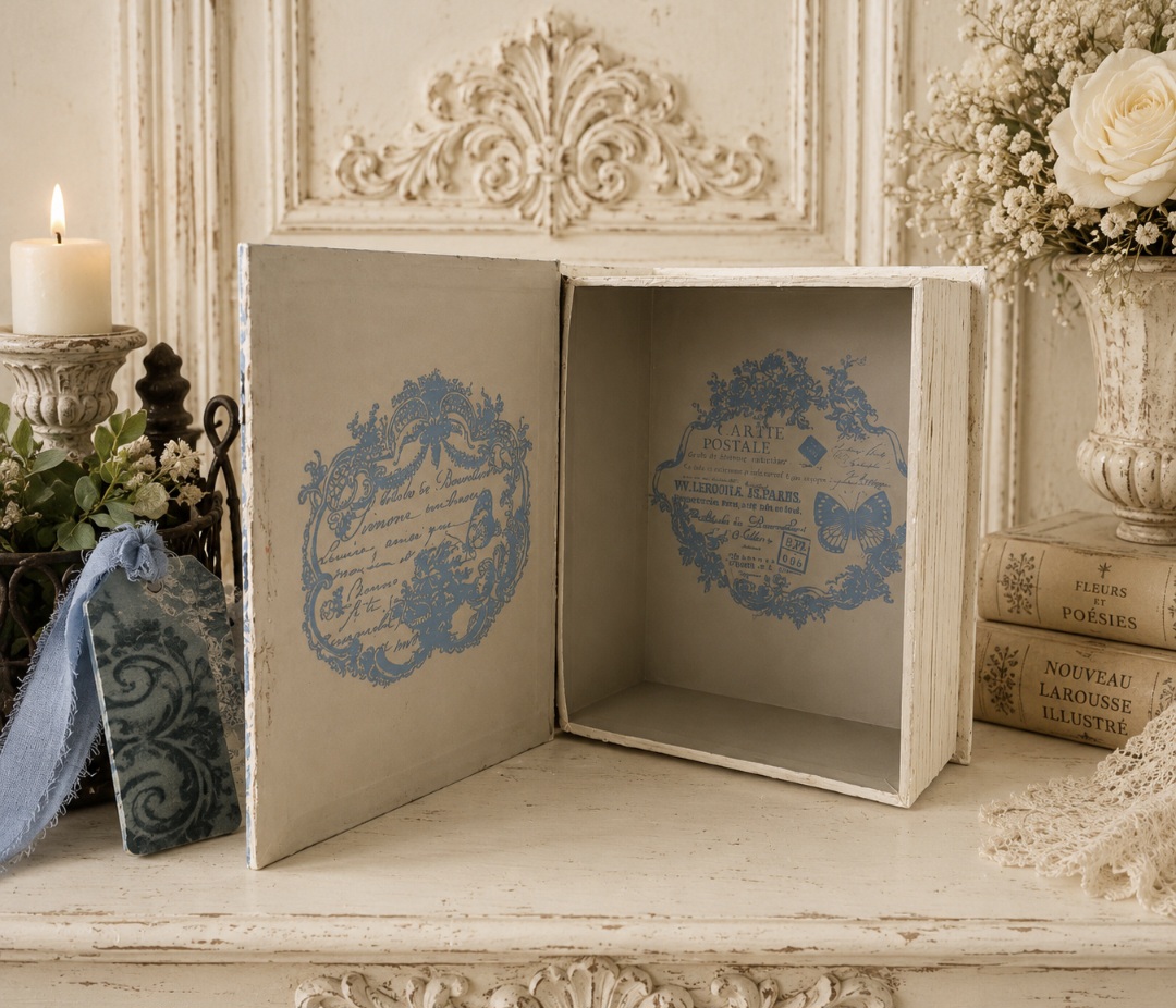 Trio Of Handcrafted French Toille Blue Book Boxes (photo 7 of 12)