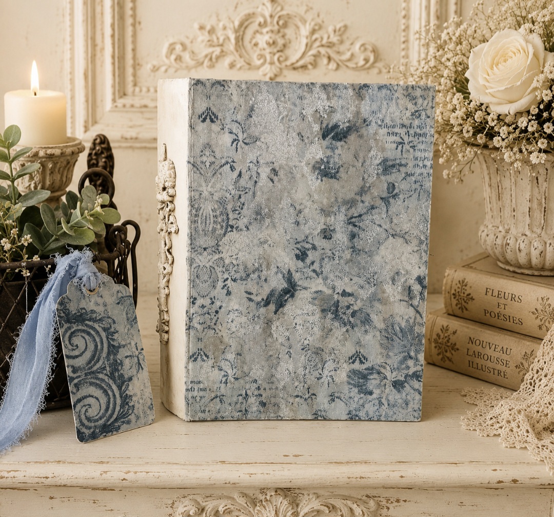 Trio Of Handcrafted French Toille Blue Book Boxes (photo 8 of 12)