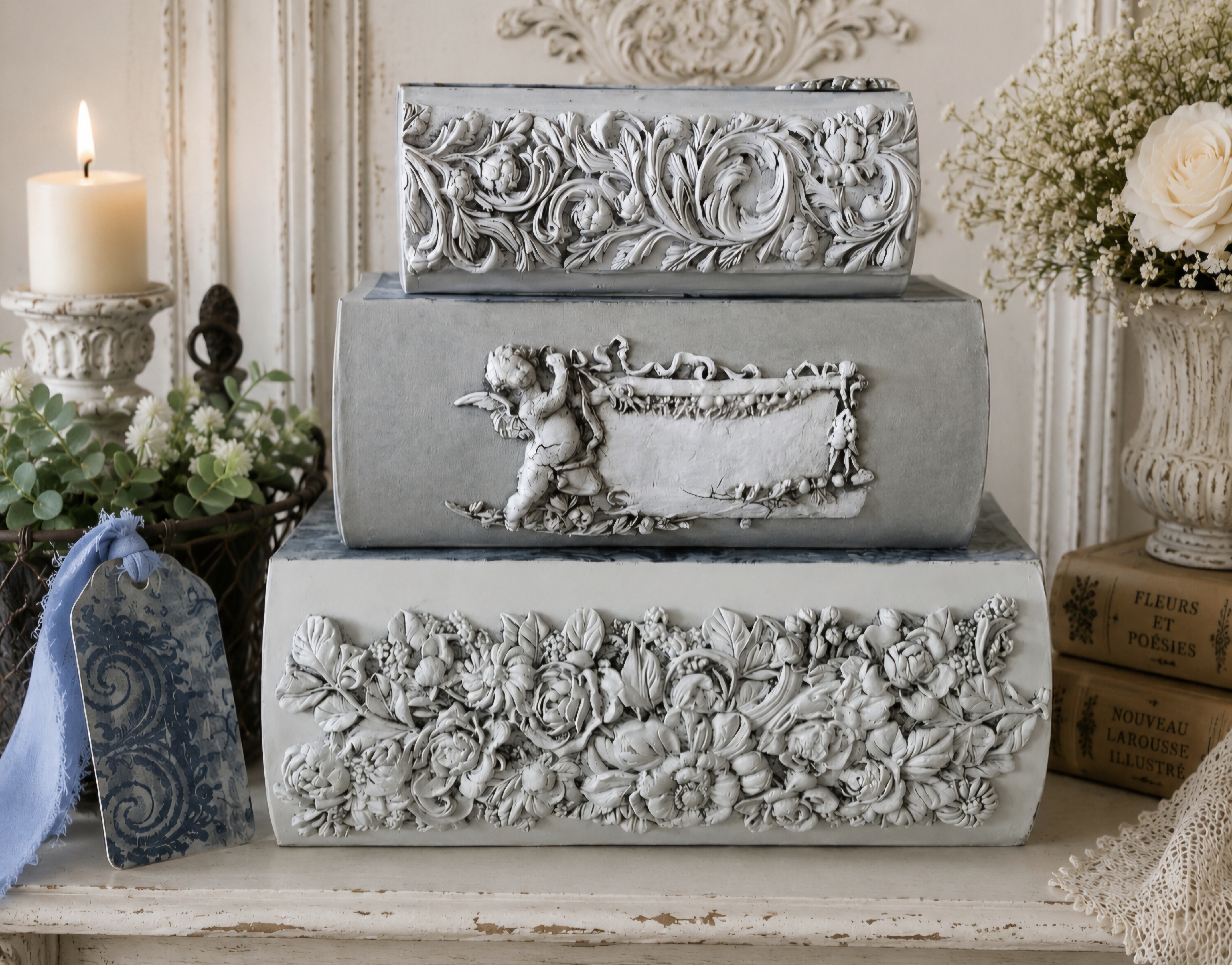 Trio Of Handcrafted French Toille Blue Book Boxes (photo 11 of 12)