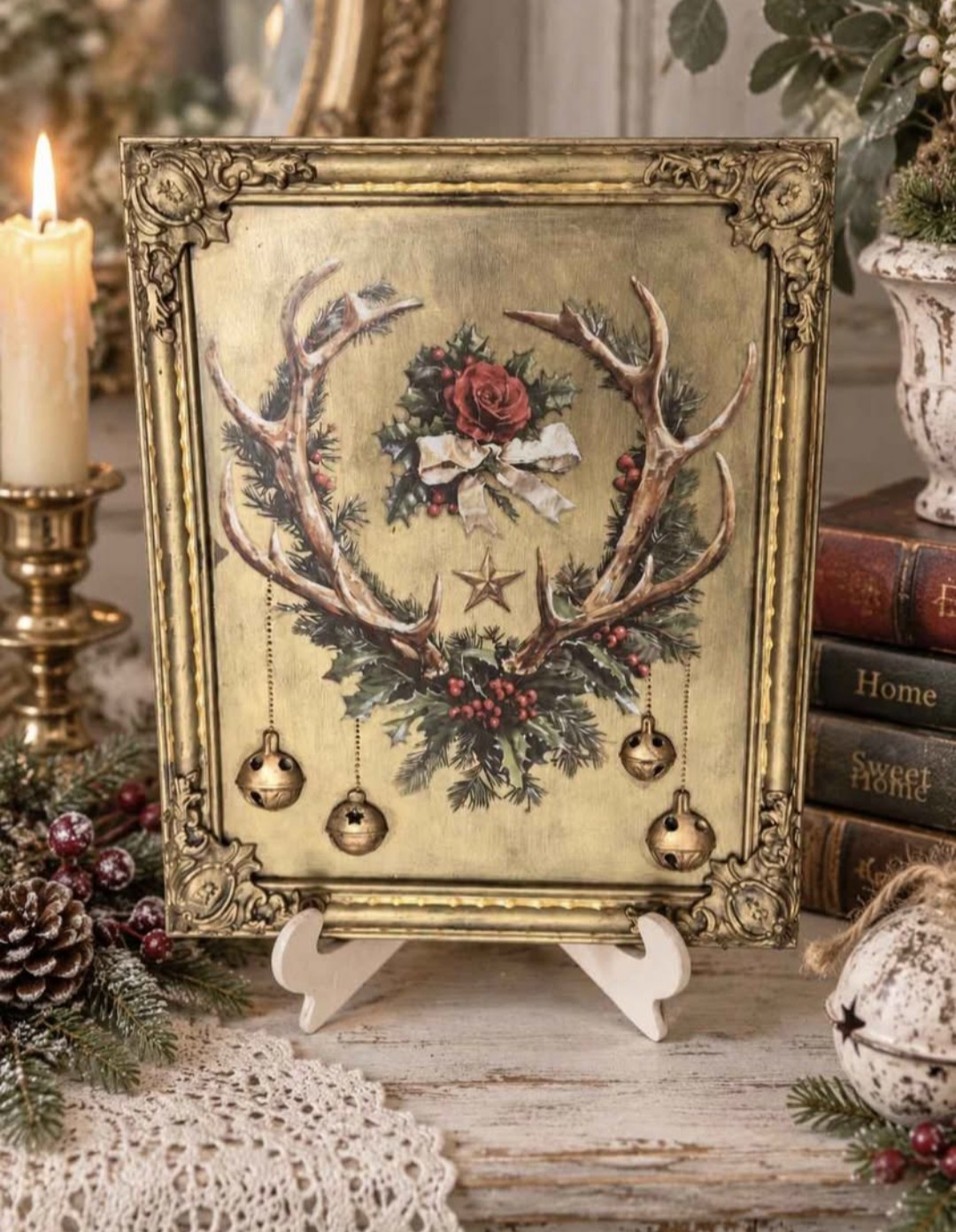 Vintage Christmas Stag & Holly Framed Art (photo 1 of 6)