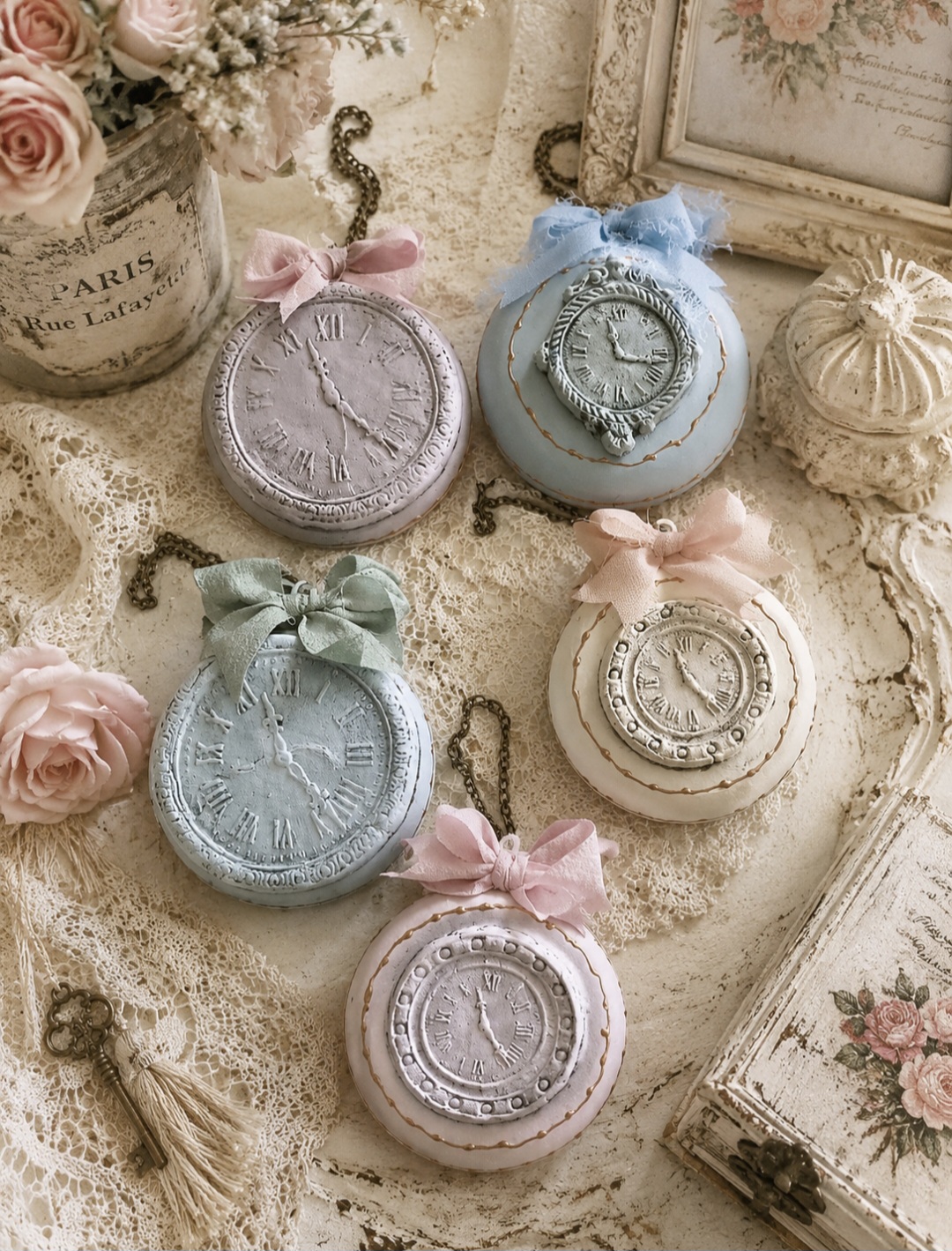Set Of 5 Vintage Inspired Floral Faux Pocket Watch Decorations (photo 1 of 2)
