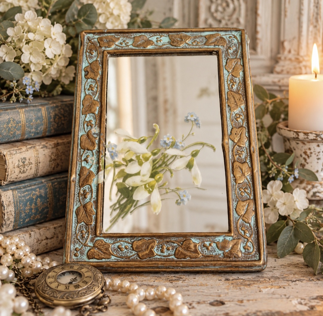 Vintage Ornate Brass & Oak Mirror  (photo 3 of 6)