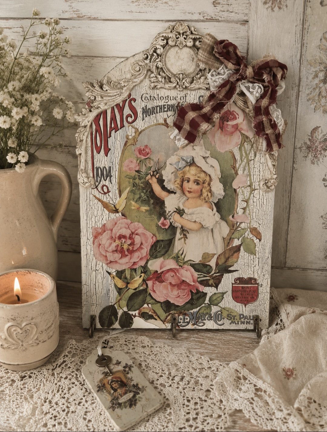 Vintage Victorian Rose Plaque With Bow (photo 1 of 5)