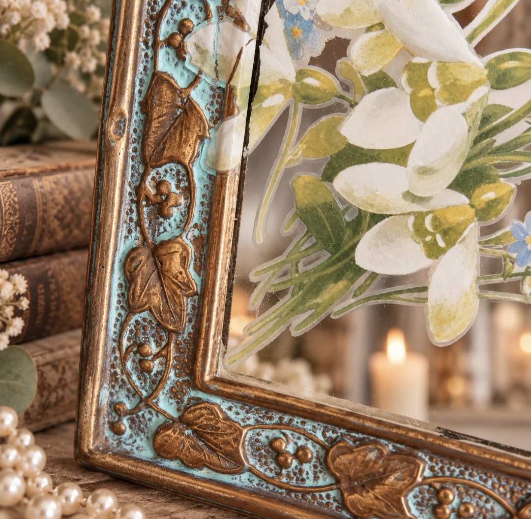 Vintage Ornate Brass & Oak Mirror  (photo 2 of 6)