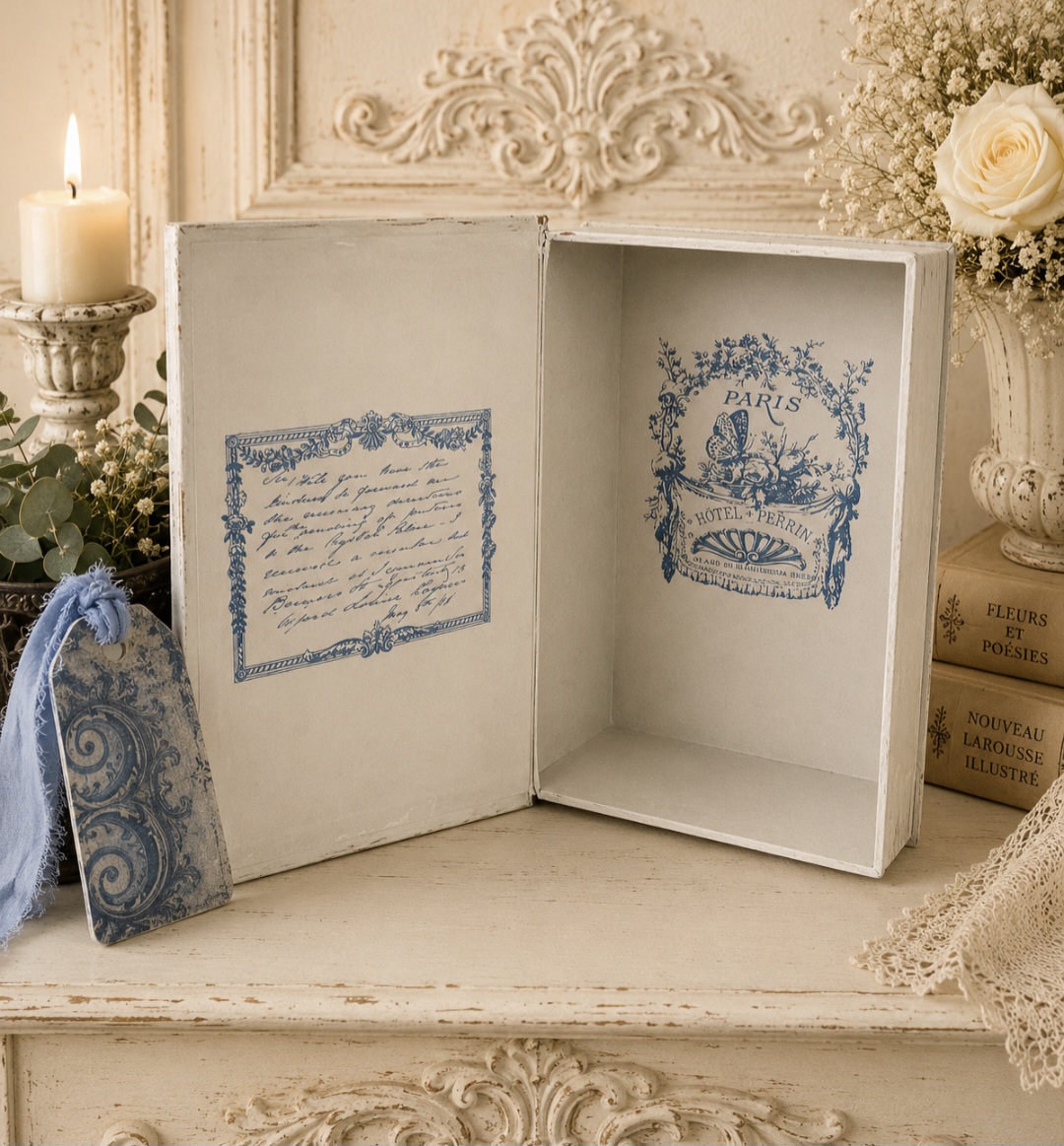 Trio Of Handcrafted French Toille Blue Book Boxes (photo 3 of 12)