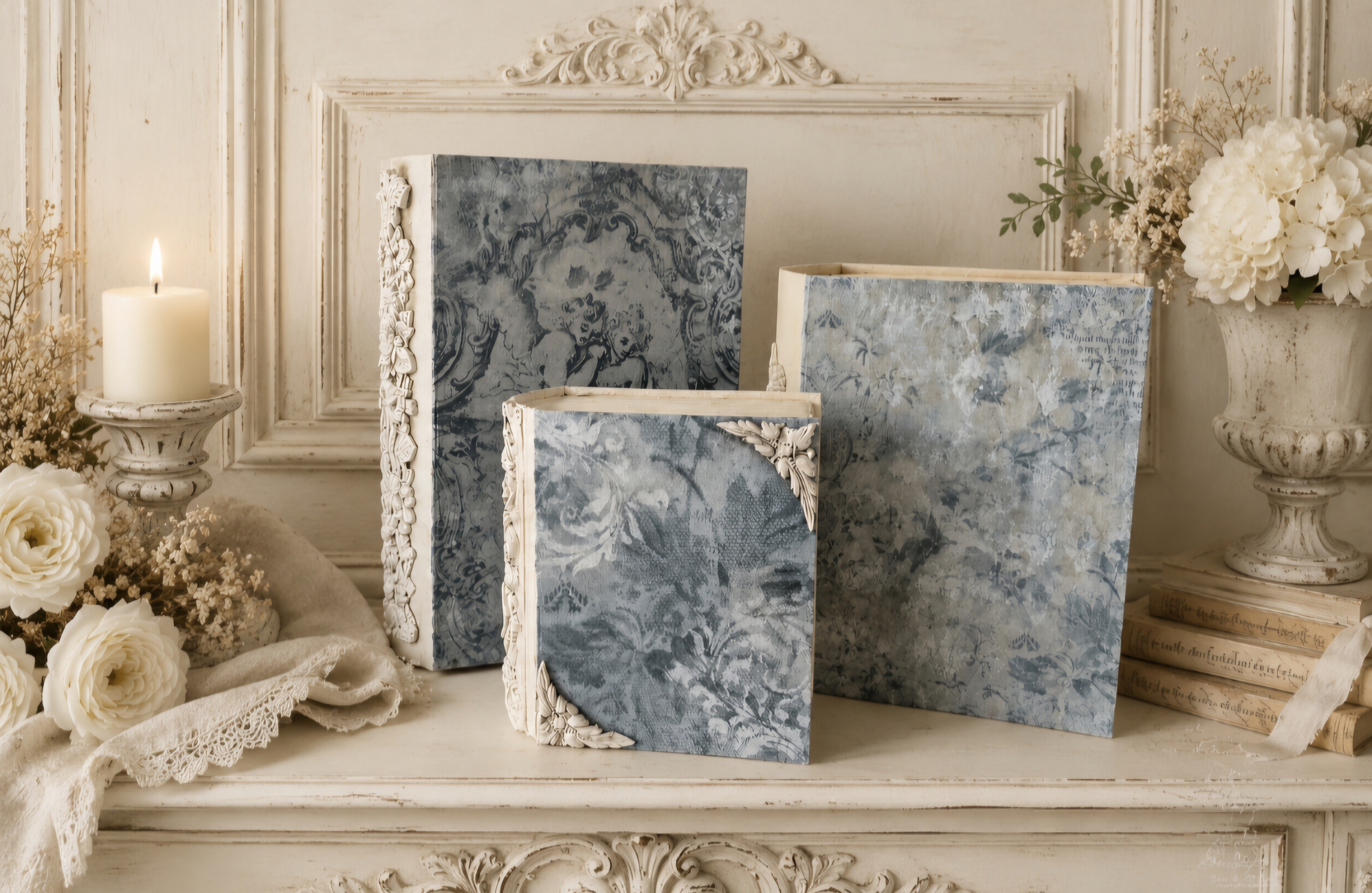 Trio Of Handcrafted French Toille Blue Book Boxes (photo 12 of 12)