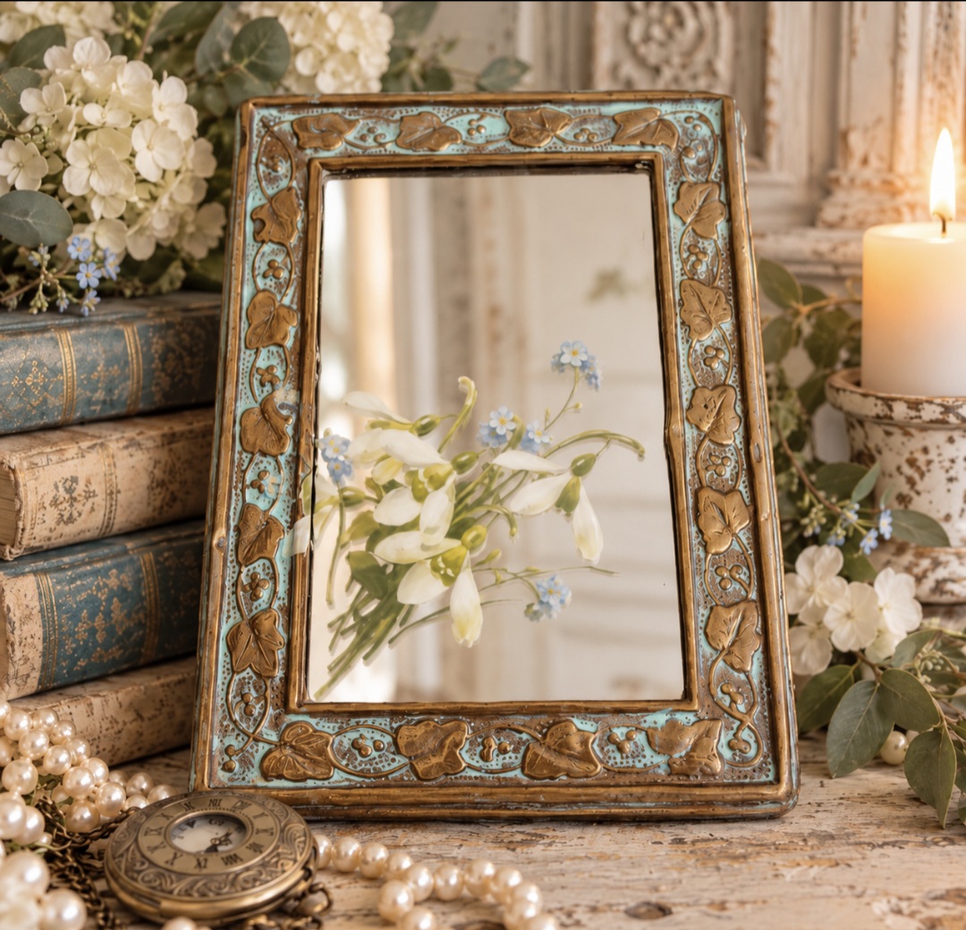 Vintage Ornate Brass & Oak Mirror  (photo 5 of 6)