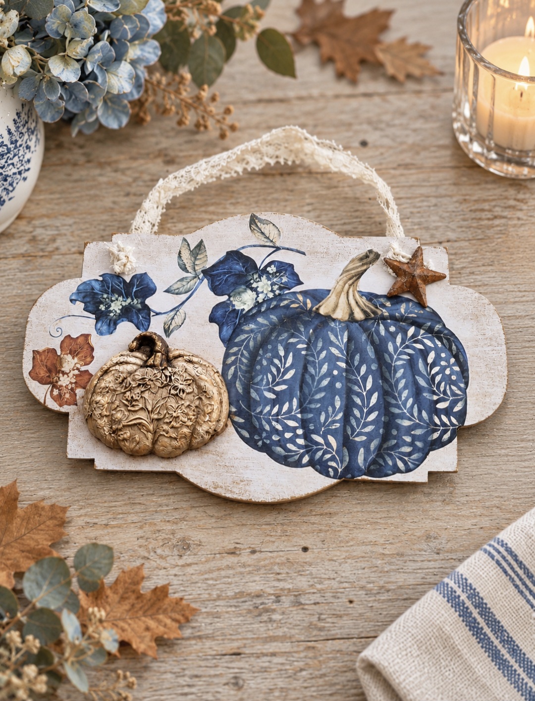 Handmade Blue Pumpkin Autumn Plaque