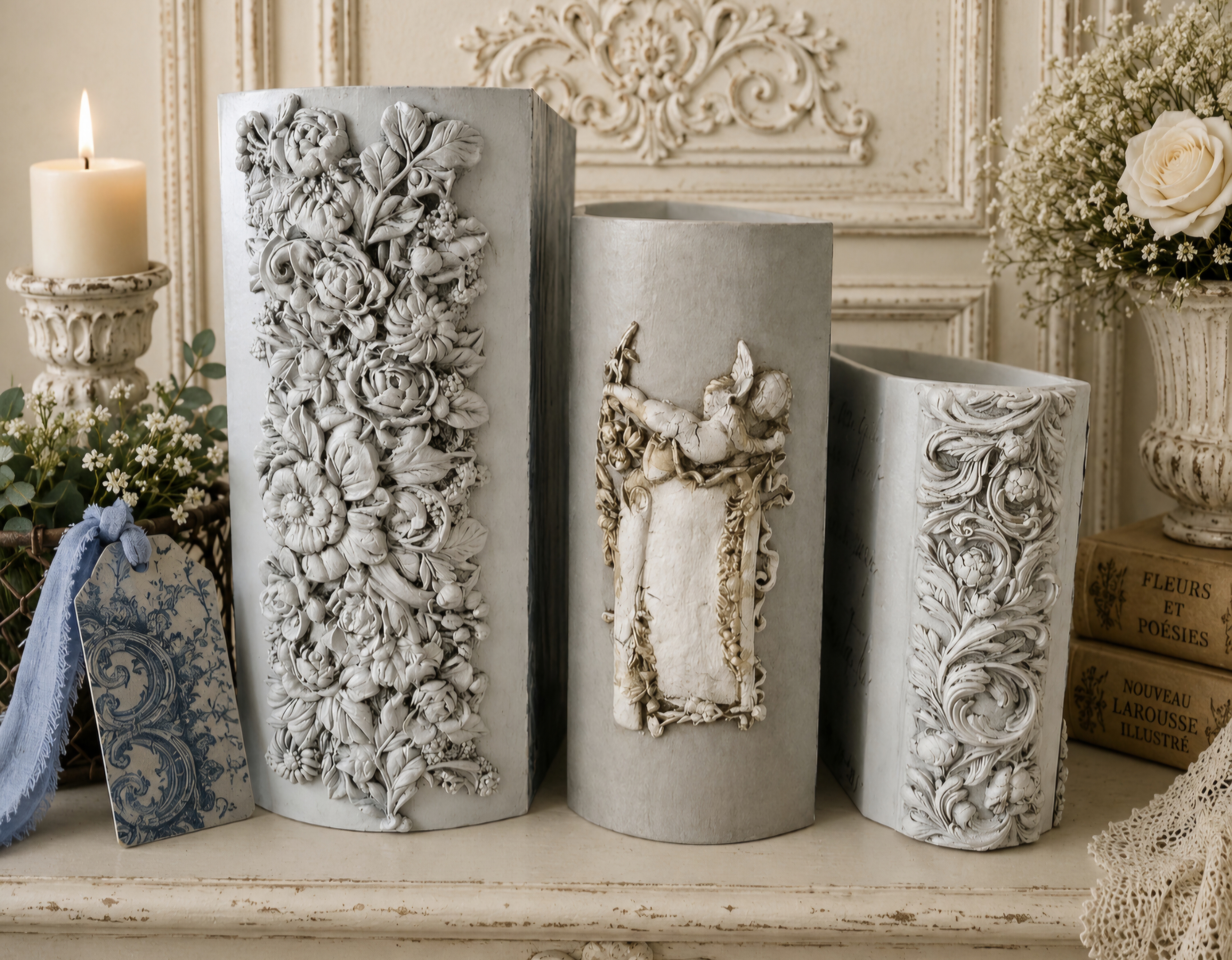 Trio Of Handcrafted French Toille Blue Book Boxes (photo 2 of 12)