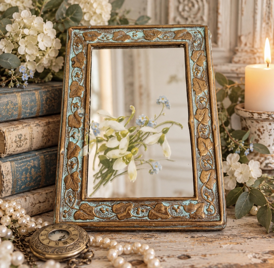 Vintage Ornate Brass & Oak Mirror  (photo 1 of 6)