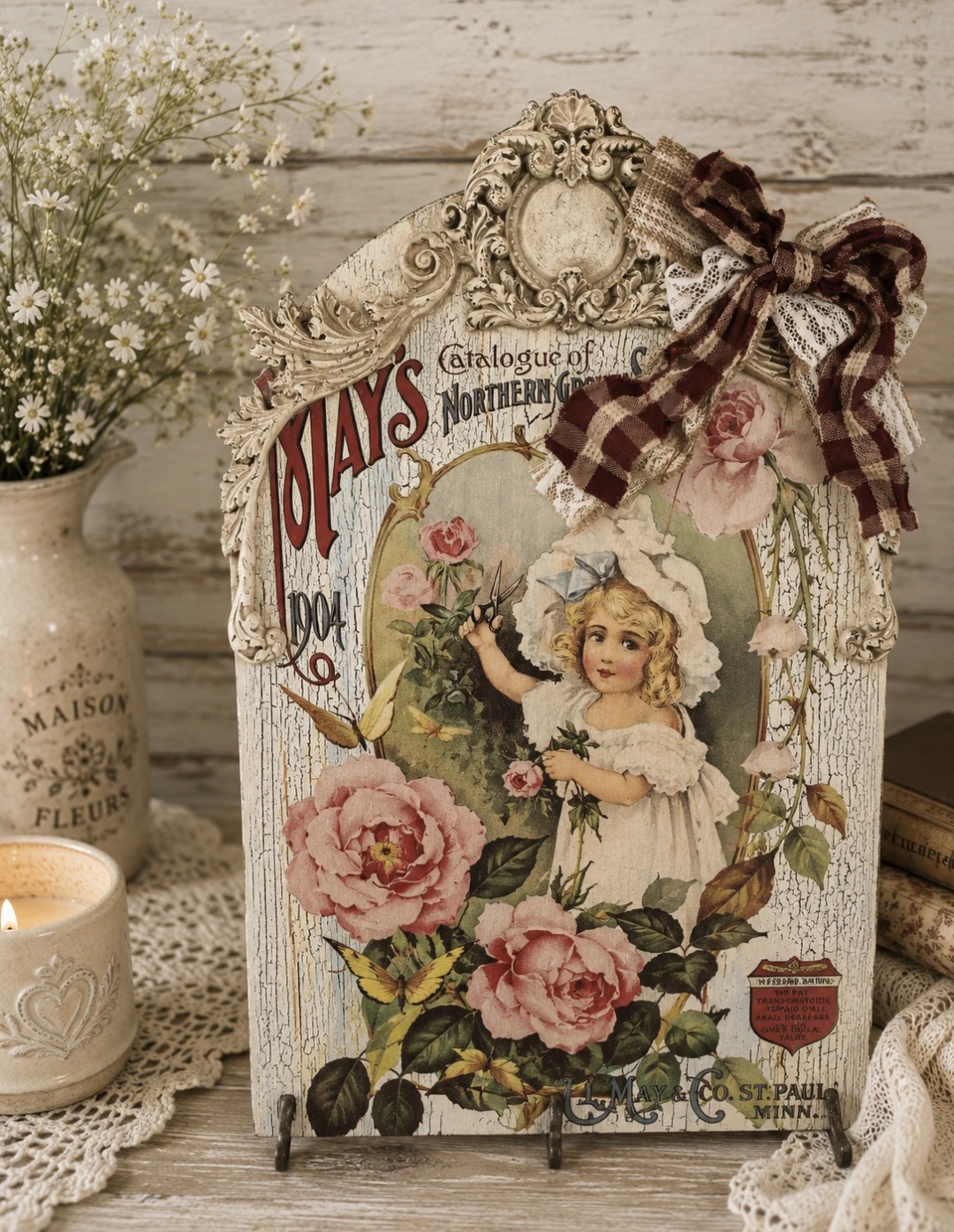 Vintage Victorian Rose Plaque With Bow (photo 4 of 5)