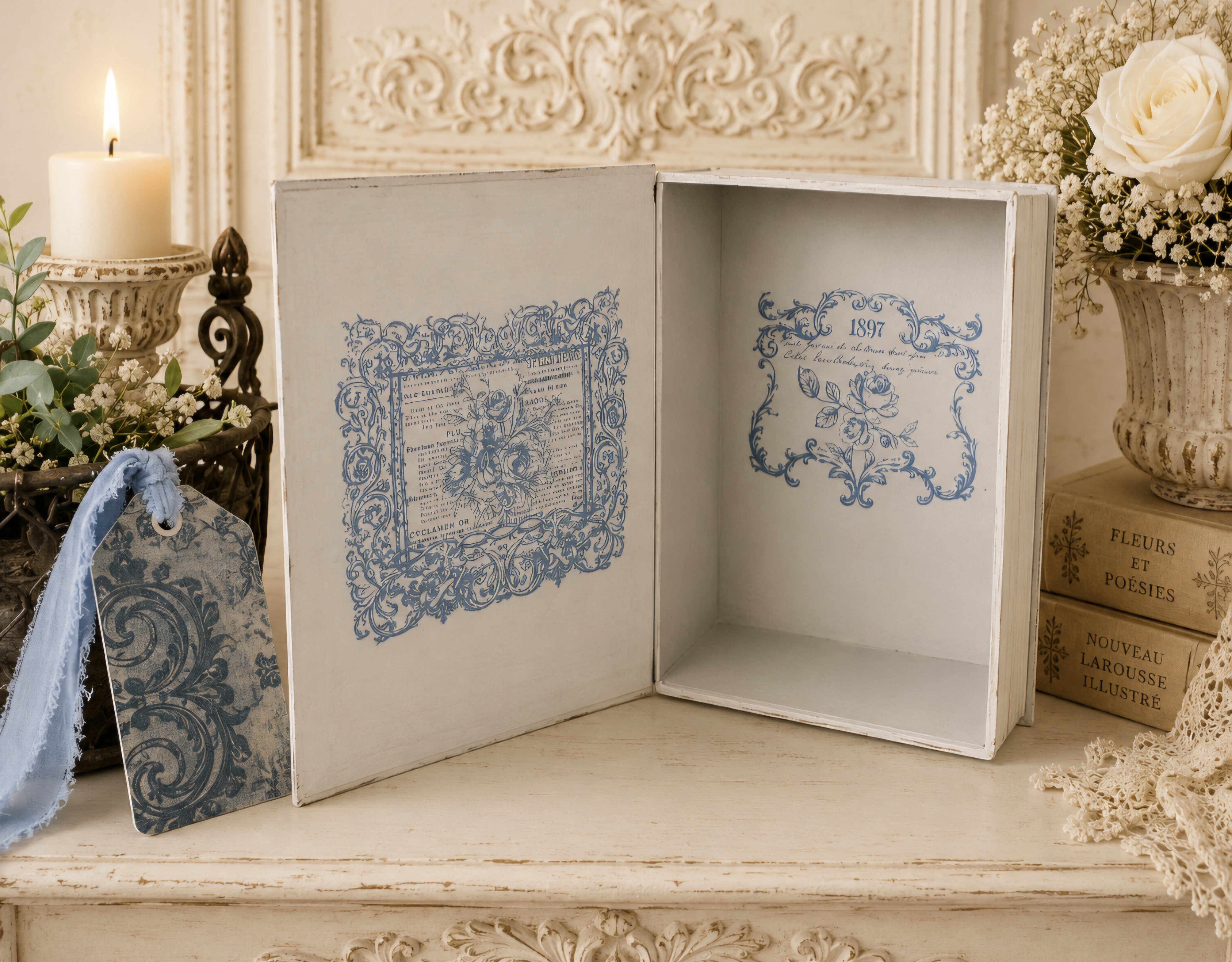 Trio Of Handcrafted French Toille Blue Book Boxes (photo 5 of 12)