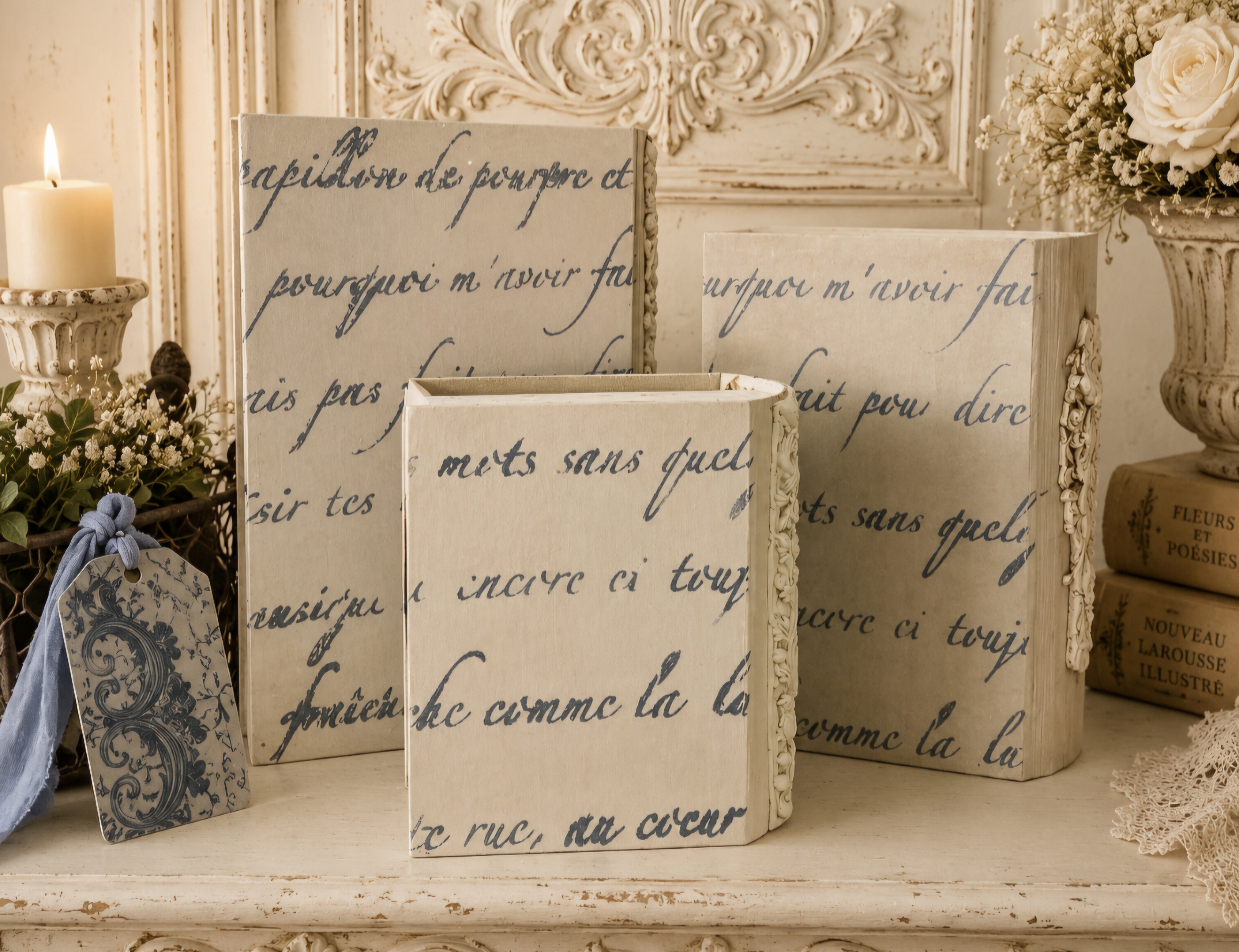Trio Of Handcrafted French Toille Blue Book Boxes (photo 4 of 12)