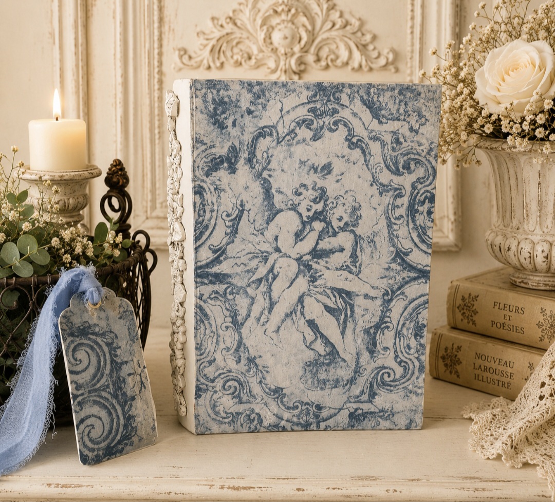 Trio Of Handcrafted French Toille Blue Book Boxes (photo 6 of 12)