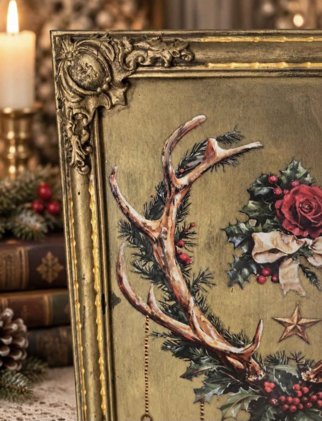Vintage Christmas Stag & Holly Framed Art (photo 3 of 6)