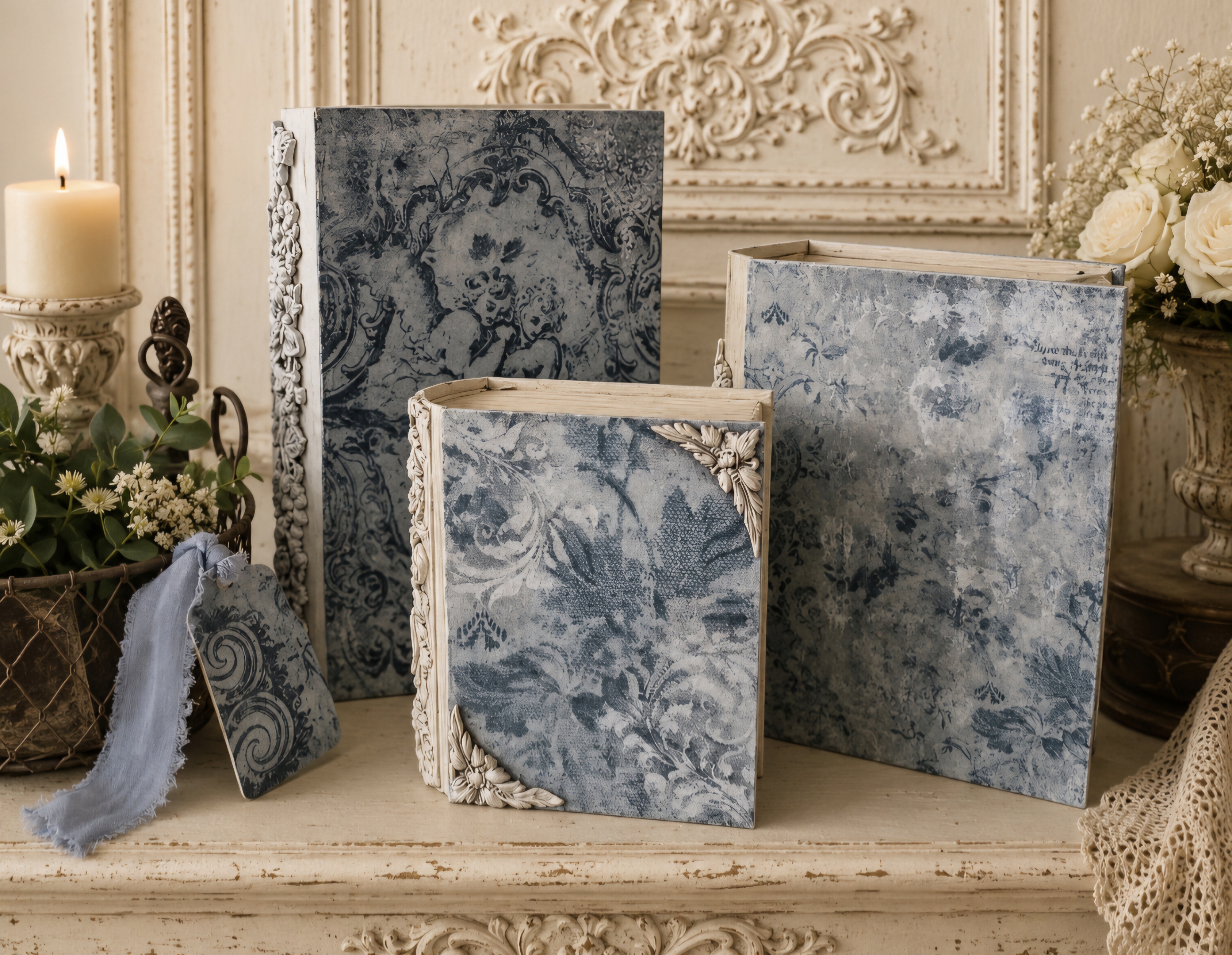Trio Of Handcrafted French Toille Blue Book Boxes (photo 1 of 12)